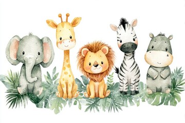 Naklejka premium Cute safari animals watercolor illustration of an elephant, giraffe, lion, zebra and hippopotamus sitting in a row with green foliage on a white background