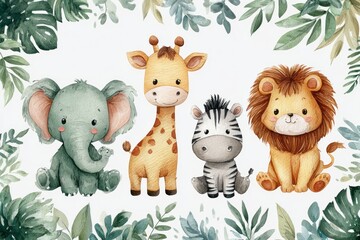 Watercolor illustration of cute jungle animals &ndash; elephant, giraffe, zebra and lion &ndash; standing together amid green tropical leaves