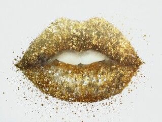 Fototapeta premium Glittering gold lips on a white background formed by dense golden glitter granules, creating a festive and luxurious kiss silhouette in a contemporary illustration