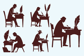 Collection of silhouette icons depicting writers and poets working at desks suitable for creative projects