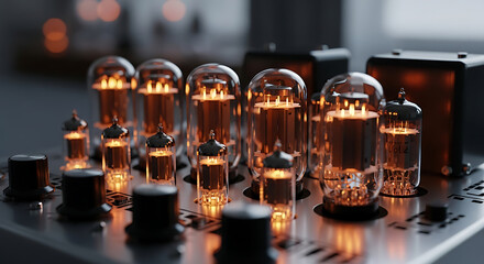 Illuminated vacuum tubes arranged in an orderly fashion, evocative of vintage electronic equipment
