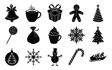 Festive christmas silhouette icons collection featuring holiday symbols and decorations