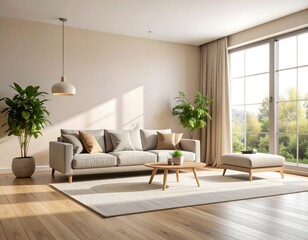 Fototapeta premium Bright living room interior with a beige sofa, wooden floor, large window, plants, coffee table, and natural light.