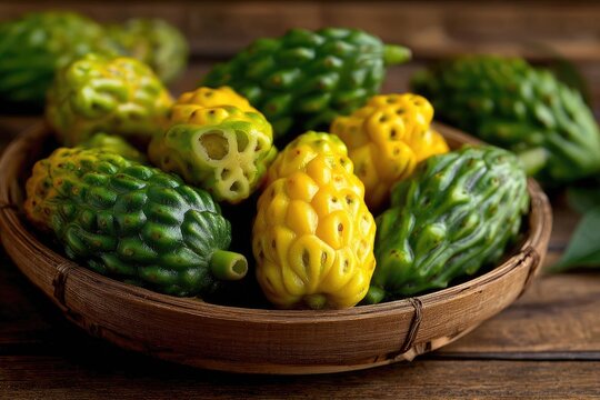 A rustic wooden bowl holds a vibrant collection of green and yellow noni fruits, some displaying their inner texture