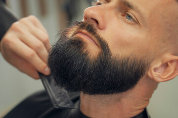 Obraz premium Man's beard is carefully combed, trimmed and shaped at a modern barbershop. The barber skillfully uses scissors and a comb to create an elegant look on a busy day.