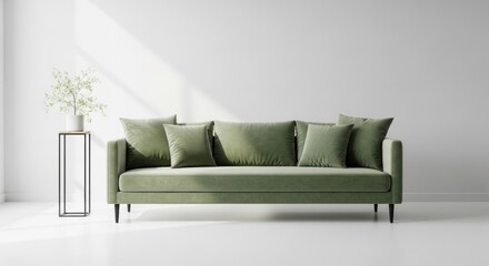 Modern sage green sofa with plush pillows in a bright room