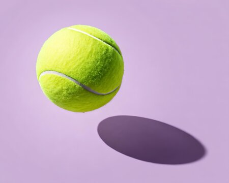 Floating neon green tennis ball captured mid-air casting soft shadow on pastel purple background &mdash; minimalist sports concept image with clean composition and creative design focus
