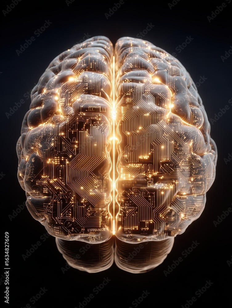 Poster futuristic glowing brain featuring llm text artificial intelligence concept
