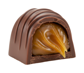 Decadent chocolate praline with creamy caramel filling and smooth shell texture. Cut out PNG