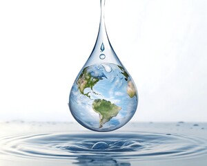 Clean White Background Showing Water Drop with World Map Inside &mdash; Environmental Concept Symbolizing Global Water Conservation, Sustainability, and Eco Awareness Campaigns
