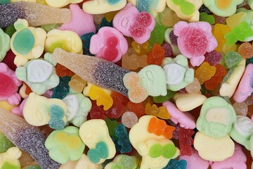 Sugared and colored candies in top view. Candy background.