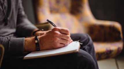 psychologist taking notes during therapy session no logos no brands ar 169