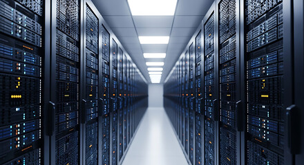 Illuminated data center corridor displaying rows of networked server racks for information