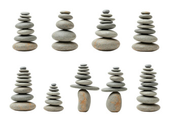 Fototapeta premium Balanced stacked stones showing variations in height and shape. Cut out PNG