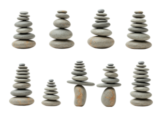 Balanced stacked stones showing variations in height and shape. Cut out PNG