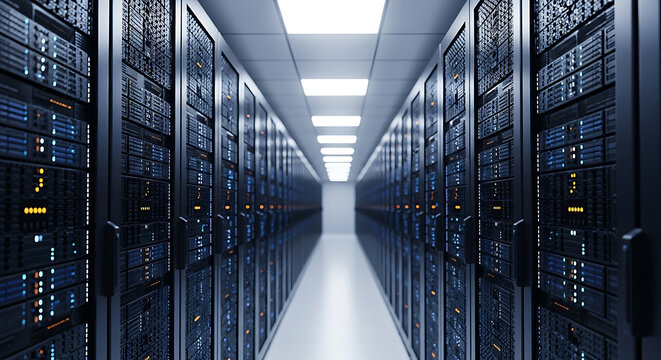 Illuminated data center corridor displaying rows of networked server racks for information