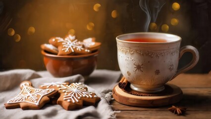 Fototapeta premium A hot tea in a cup with steam, with a star-shaped gingerbread cookie next to it on the table. Concept of winter drinks and christmas baking