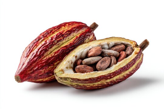 Two cocoa pods, one whole, one split open revealing numerous brown seeds against a stark white background.  The pods exhibit a textured, reddish-yellow rind