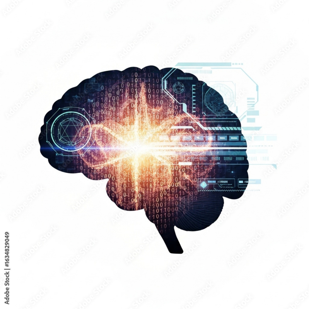 Poster human brain silhouette with digital interface and glowing data streams representing intelligence