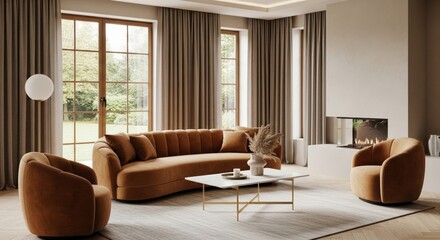 Obraz premium Luxurious living room with curved sofa and modern fireplace