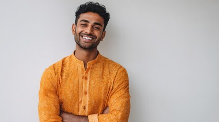 Obraz premium young indian man wearing elegant shirt standing over isolated white background with a happy and cool smile on face lucky person no logos no brands ar 169