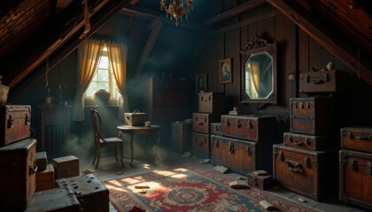 Dimly Lit Attic Full of Vintage Objects and Mysterious Atmosphere