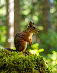 Red squirrel perched on moss-covered log in sun-dappled forest