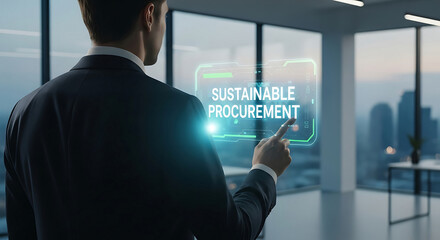 Executive explores digital information on sustainable procurement in a contemporary office setting
