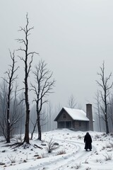 Chilling Winter Landscape with a Cabin Surrounded by Bare Trees