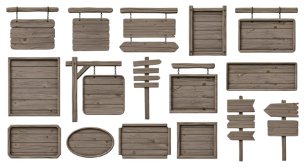 Collection of various wooden sign board designs png, transparent, white background, ai generated, 