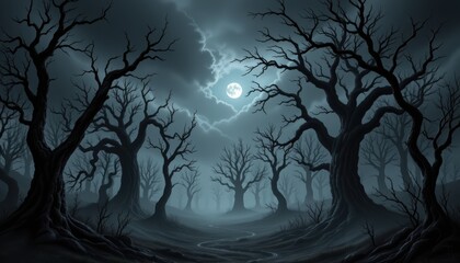 Fog Enshrouded Twisted Trees in Mysterious Forest Landscape