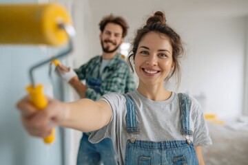 A joyful couple engages in a home renovation task, using paint rollers to refresh the walls. Bright sunlight fills the room, enhancing their cheerful expressions and teamwork