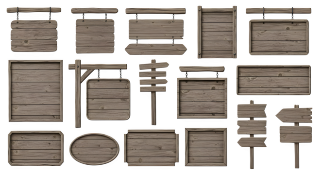 Collection of various wooden sign board designs png, transparent, white background, ai generated, 