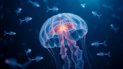 Fototapeta premium Bioluminescent jellyfish and small fish in deep blue ocean deep sea bioluminescence