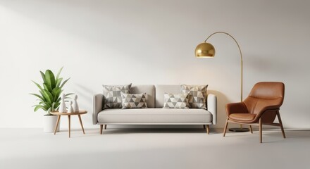 Modern living room with sofa armchair and arc lamp