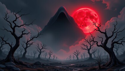 Mysterious Shadowy Figure Looming Under a Red Moon Glow