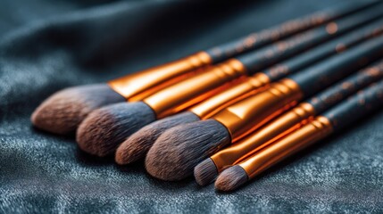 Fototapeta premium Professional Brush Set Arranged Diagonally on Textured Fabric for Beauty Application and Artistry