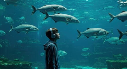 Young boy enjoys underwater experience while observing fish at an aquarium