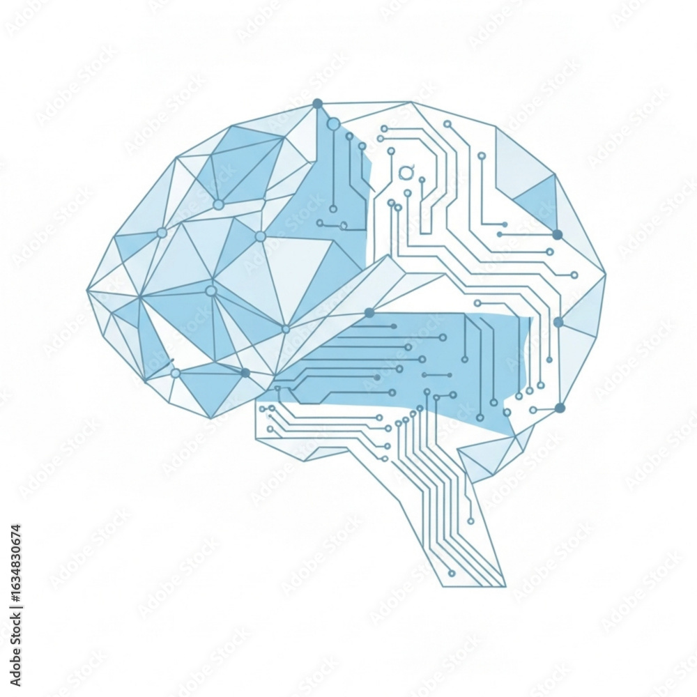 Poster geometric brain illustration showcasing neural network connections and circuit pathways design conce