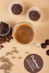 Various coffee drinks with chocolate truffles, beans and milk on beige background. Cozy flat lay for cafes, baristas, dessert menus, social media and coffee branding.