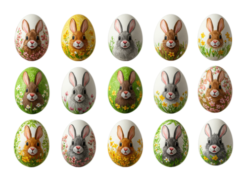 Decorative easter eggs with adorable bunny faces and floral patterns. Cut out PNG - Powered by Adobe