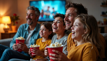 Obraz premium Happy Family Watching TV Holding Popcorn Buckets at Home for Entertainment Blogs, Streaming Websites, Family Cards, and Entertainment Articles.