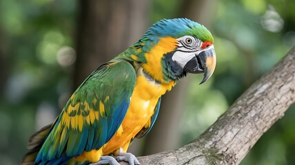 Fototapeta premium Blue and yellow macaw perched on a branch parrot green