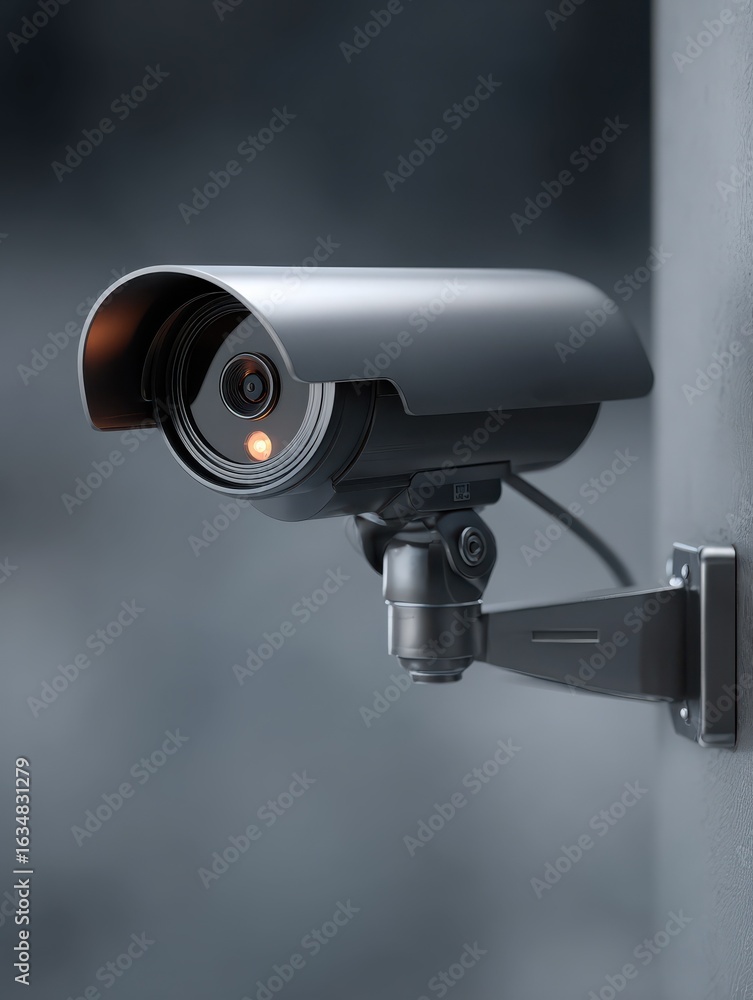 Poster a closeup view of a sleek security camera mounted on a wall designed for surveillance and monitoring
