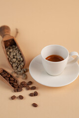 Various coffee drinks with chocolate truffles, beans and milk on beige background. Cozy flat lay for cafes, baristas, dessert menus, social media and coffee branding.