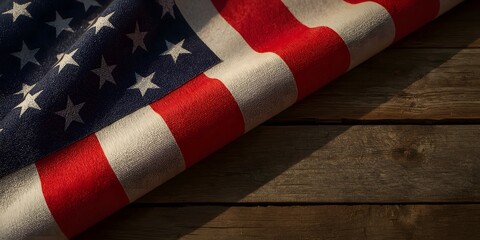 Crumpled American Flag Draped on Wooden Surface 