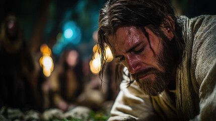 At night in Gethsemane, Jesus kneels on rough stone beneath olive branches. Sweat like blood glistens on His brow. Nearby, disciples sleep as distant torches flicker through the dark trees...