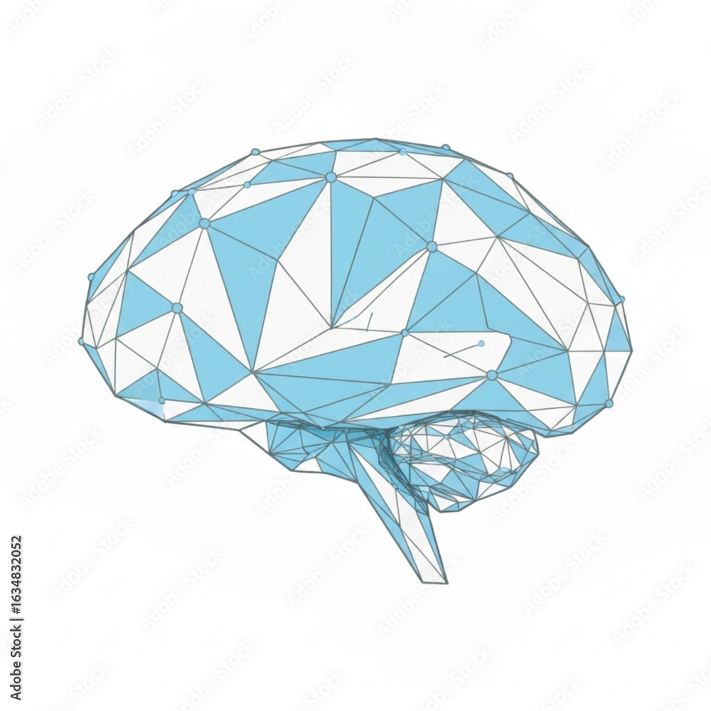 Poster geometric representation of a human brain with light blue polygons and connected dots on a clean sur