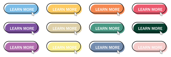 Learn More Button Icon Set – Modern Black and White Call to Action Elements for UI/UX and Web Design