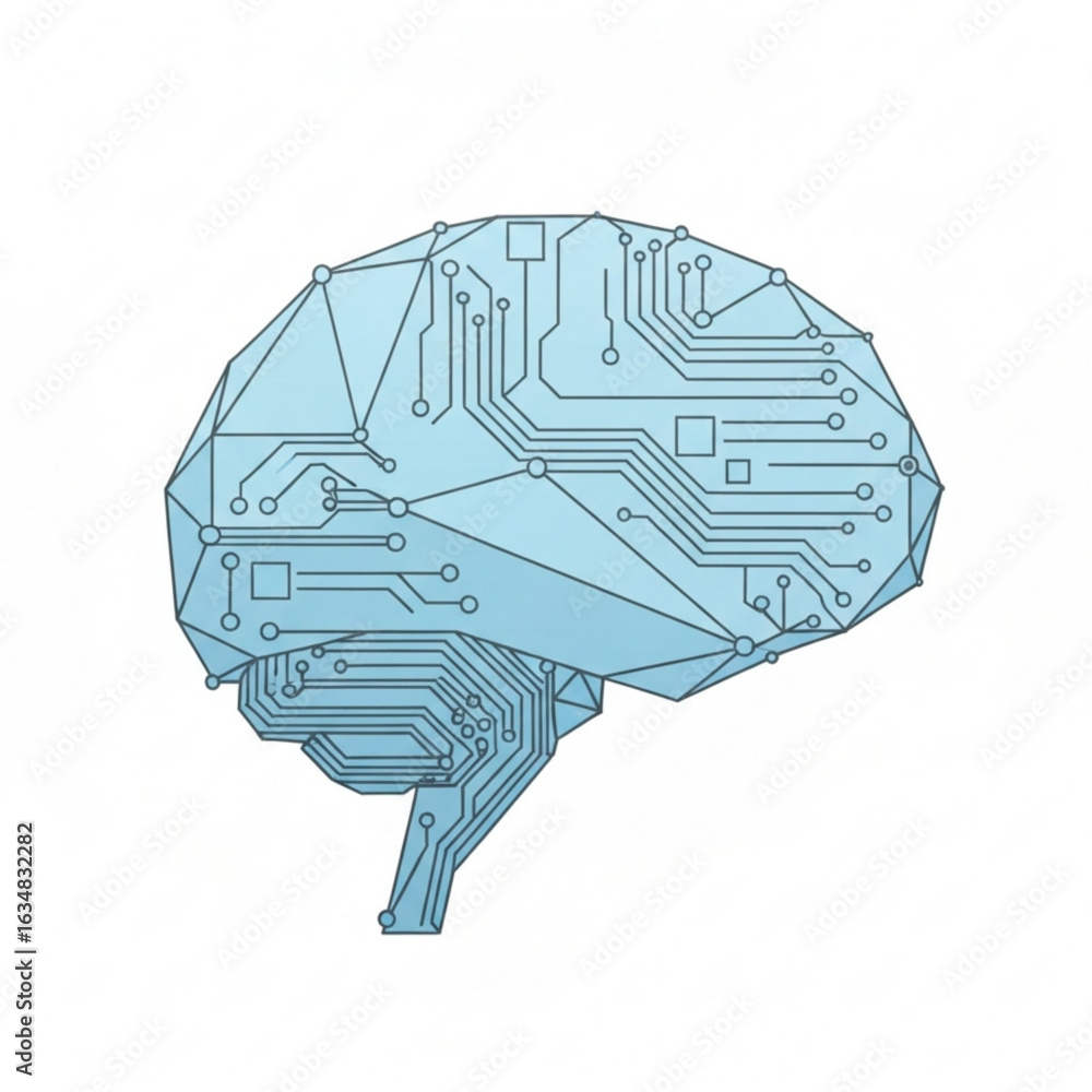 Poster stylized illustration of a human brain with circuit board patterns and polygonal design elements pre